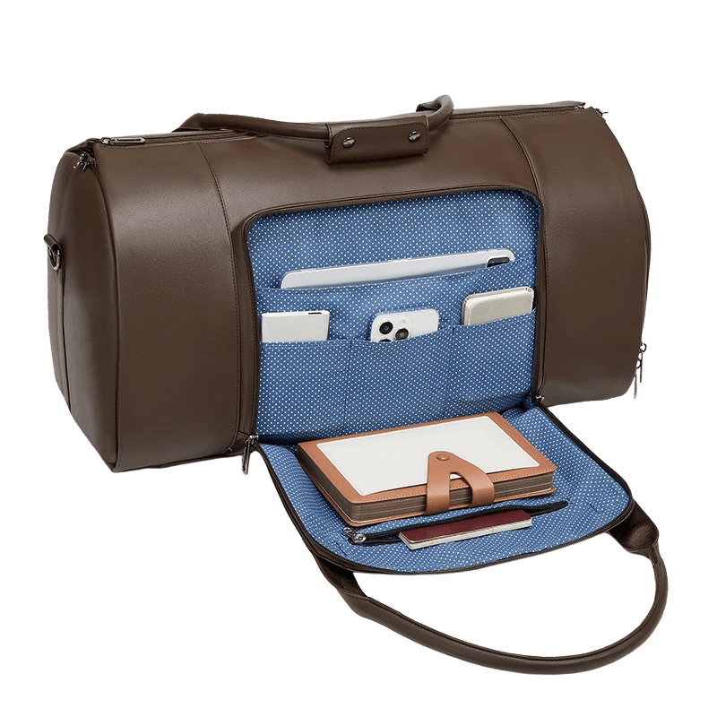 Sentier bag packed with suit, shoes, and travel accessories