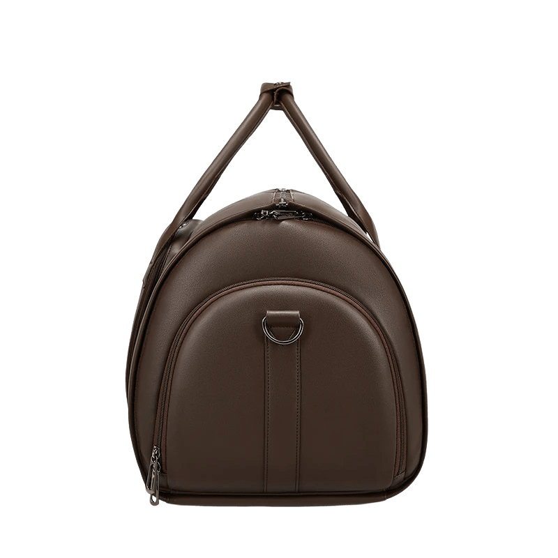 Side profile of structured Sentier brown duffel bag
