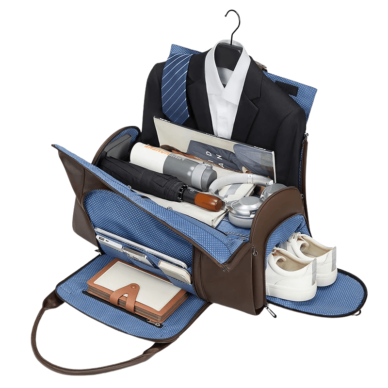 Sentier brown travel bag showing organized smart interior