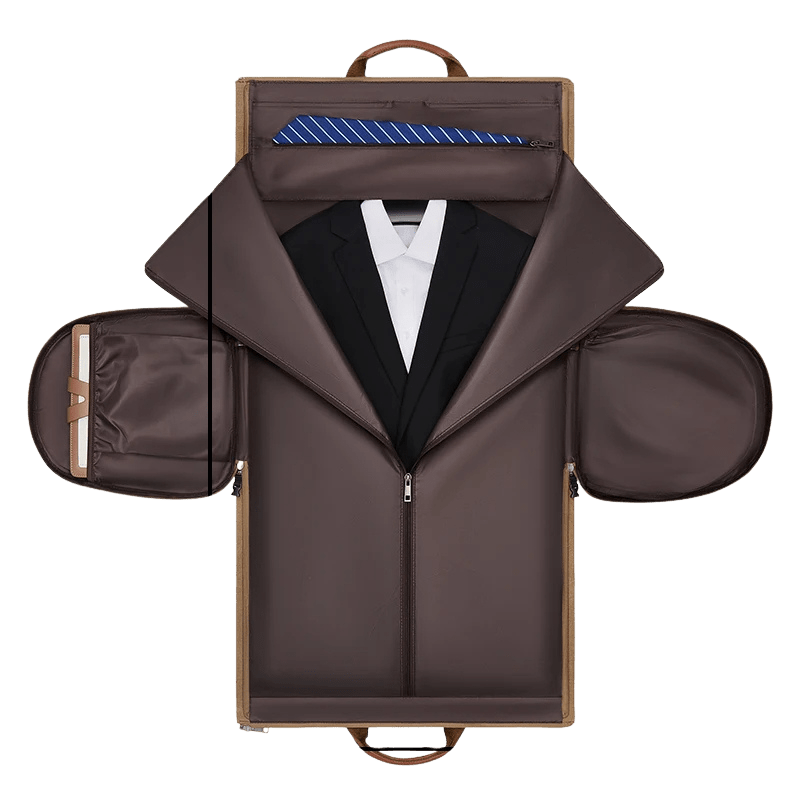 Sentier bag open with suit neatly stored inside