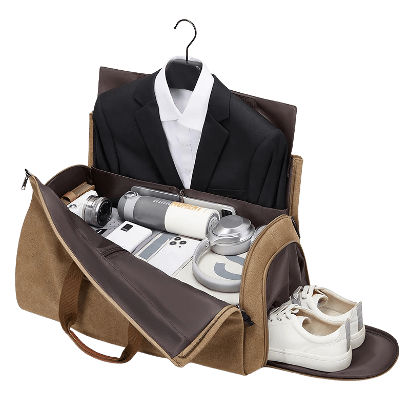 Packed Sentier travel bag with shoes and clothing visible