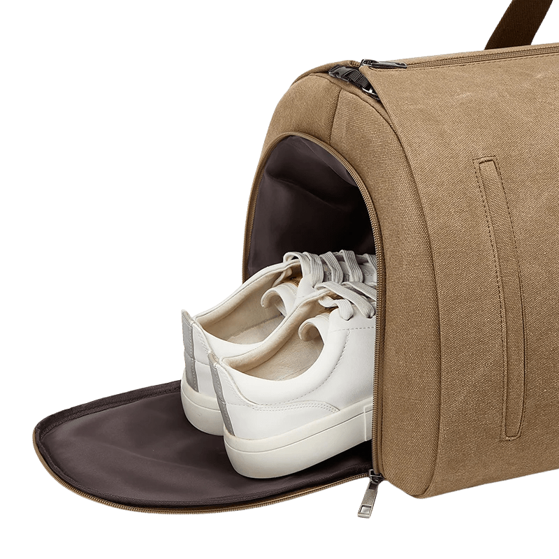 Side view of Sentier duffel showing shoe storage pocket