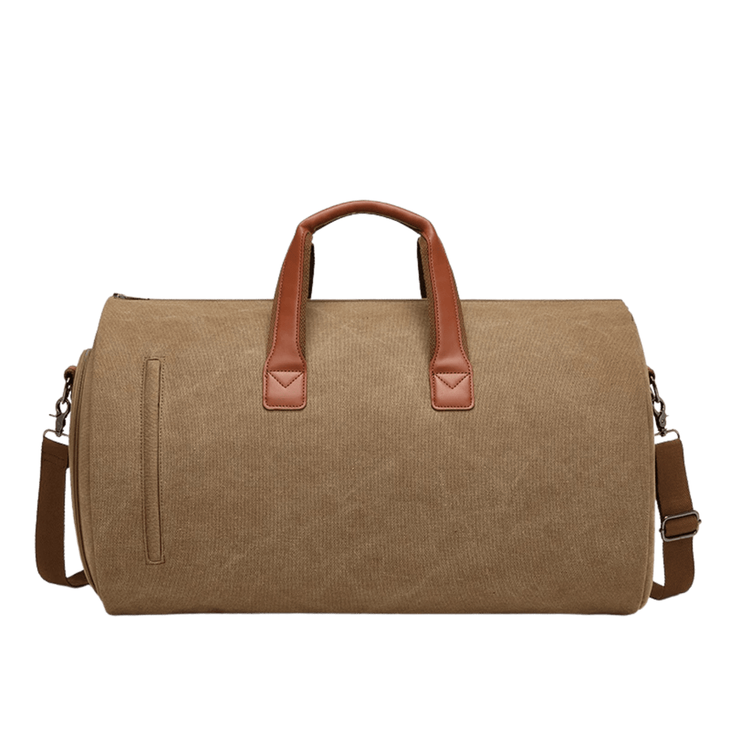 Front view of the Sentier Khaki Travel Bag with leather handles
