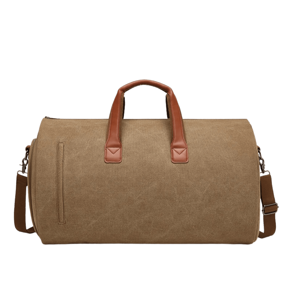 Front view of the Sentier Khaki Travel Bag with leather handles