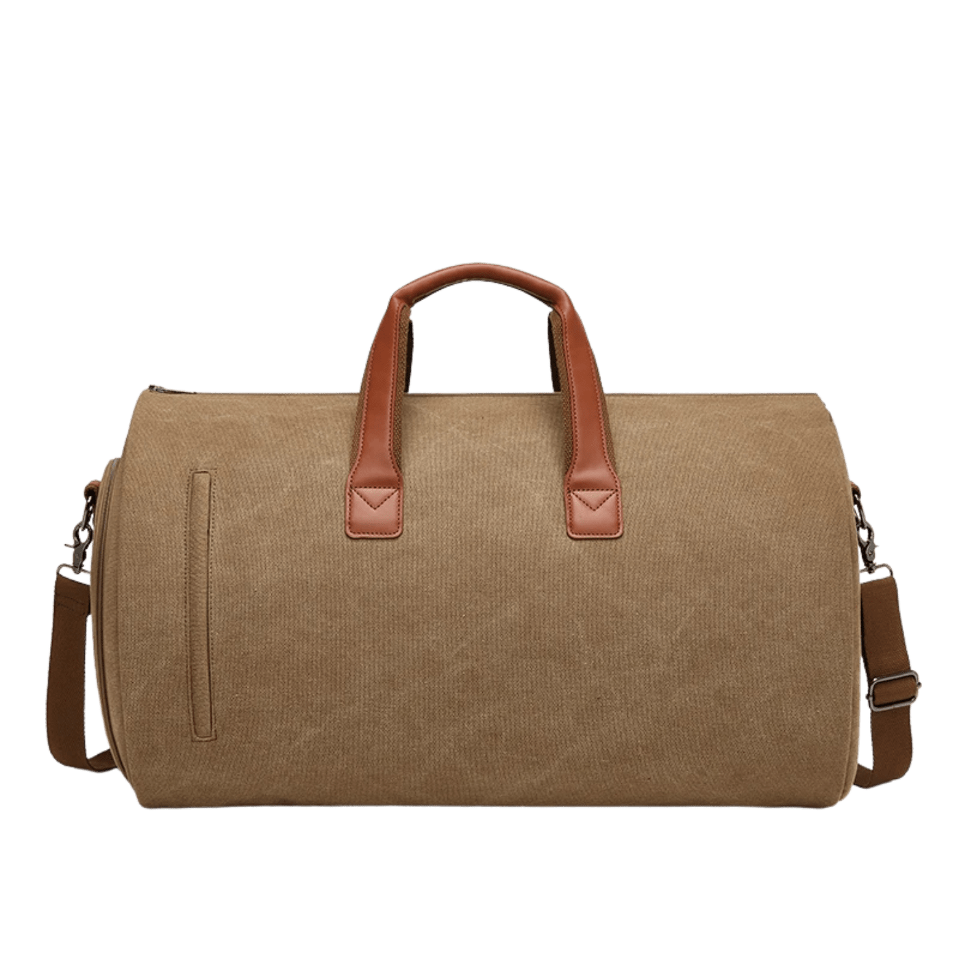 Front view of the Sentier Khaki Travel Bag with leather handles