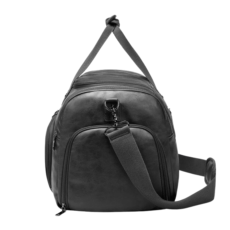 Side view showing compact form of Valmont duffel bag
