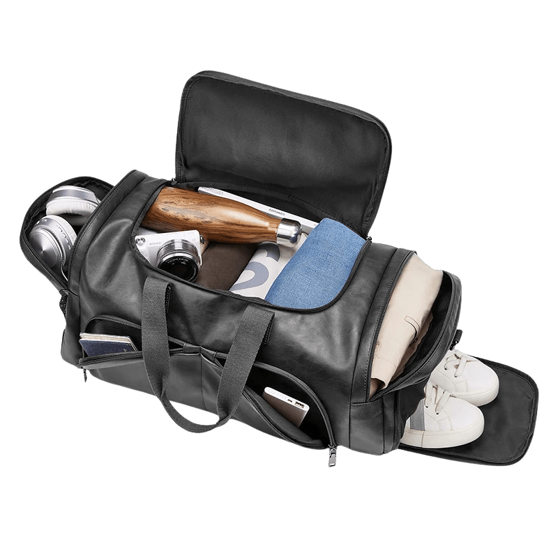 Valmont travel bag opened and packed for travel essentials
